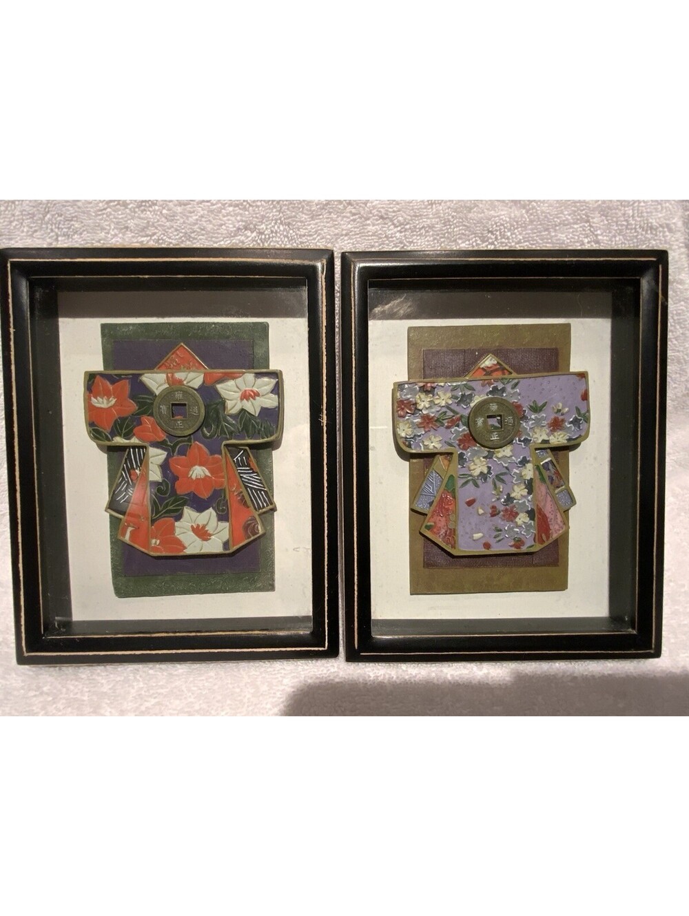 Two Japanese Framed Shadow Box Prints 7”L x 5.5”W x 1”H of Colorful Kimonos